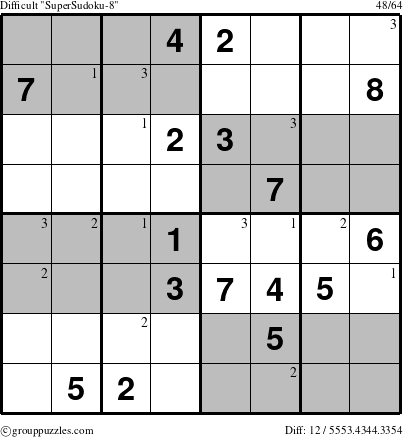 The grouppuzzles.com Difficult SuperSudoku-8 puzzle for  with the first 3 steps marked