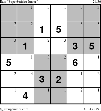 The grouppuzzles.com Easy SuperSudoku-Junior puzzle for  with the first 3 steps marked