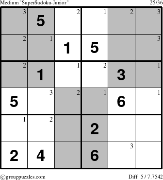 The grouppuzzles.com Medium SuperSudoku-Junior puzzle for  with the first 3 steps marked