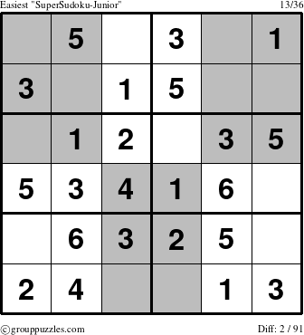 The grouppuzzles.com Easiest SuperSudoku-Junior puzzle for 