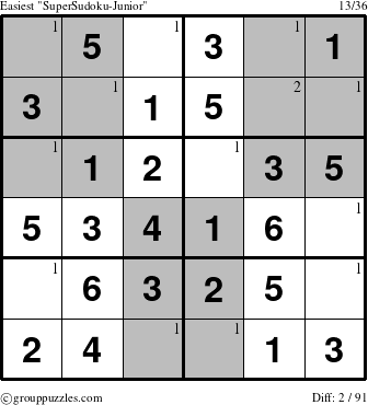 The grouppuzzles.com Easiest SuperSudoku-Junior puzzle for  with the first 2 steps marked