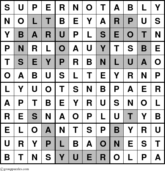 The grouppuzzles.com Answer grid for the Supernotably puzzle for 
