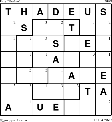 The grouppuzzles.com Easy Thadeus puzzle for  with the first 3 steps marked