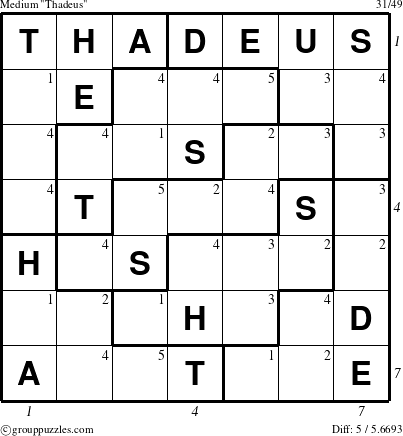 The grouppuzzles.com Medium Thadeus puzzle for  with all 5 steps marked