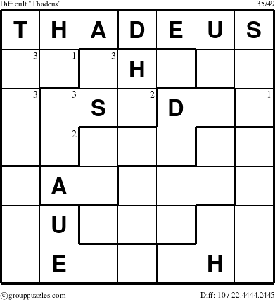 The grouppuzzles.com Difficult Thadeus puzzle for  with the first 3 steps marked