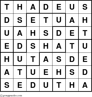The grouppuzzles.com Answer grid for the Thadeus puzzle for 