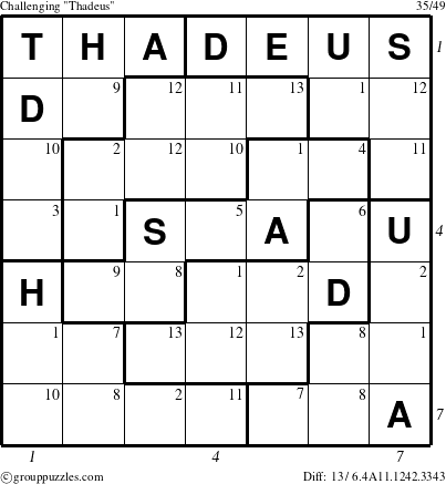 The grouppuzzles.com Challenging Thadeus puzzle for  with all 13 steps marked
