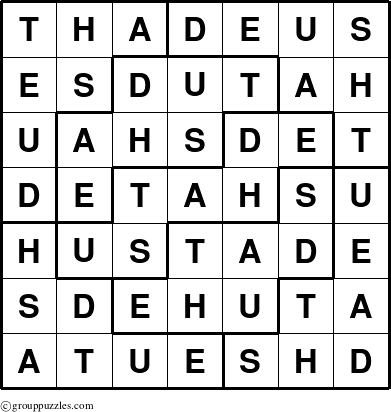 The grouppuzzles.com Answer grid for the Thadeus puzzle for 