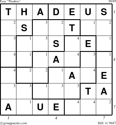 The grouppuzzles.com Easy Thadeus puzzle for  with all 4 steps marked
