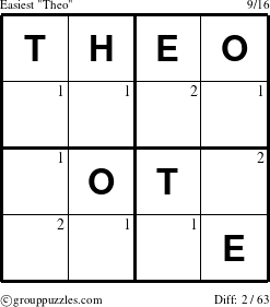 The grouppuzzles.com Easiest Theo puzzle for  with the first 2 steps marked