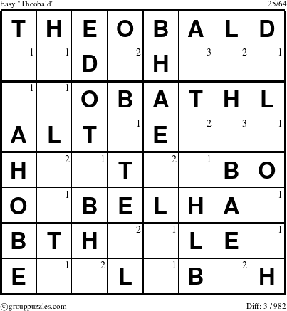 The grouppuzzles.com Easy Theobald puzzle for  with the first 3 steps marked