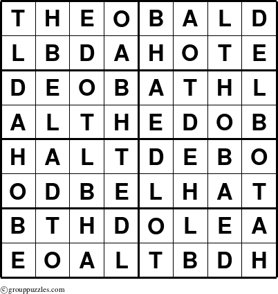 The grouppuzzles.com Answer grid for the Theobald puzzle for 
