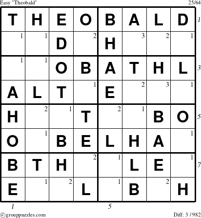 The grouppuzzles.com Easy Theobald puzzle for  with all 3 steps marked