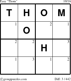 The grouppuzzles.com Easy Thom puzzle for  with the first 3 steps marked