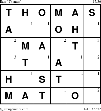 The grouppuzzles.com Easy Thomas puzzle for  with the first 3 steps marked