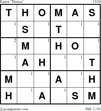 The grouppuzzles.com Easiest Thomas puzzle for  with the first 2 steps marked