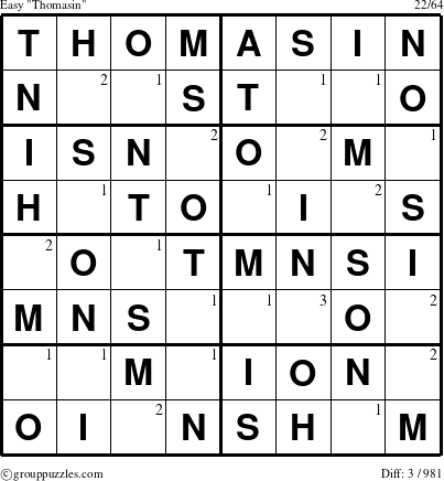 The grouppuzzles.com Easy Thomasin puzzle for  with the first 3 steps marked