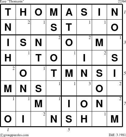 The grouppuzzles.com Easy Thomasin puzzle for  with all 3 steps marked