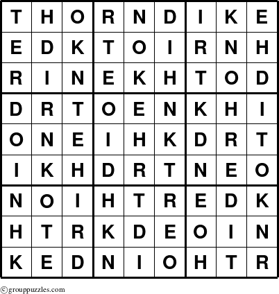 The grouppuzzles.com Answer grid for the Thorndike puzzle for 