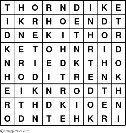 The grouppuzzles.com Answer grid for the Thorndike puzzle for 