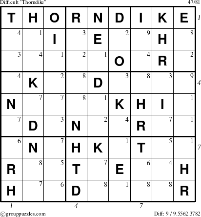 The grouppuzzles.com Difficult Thorndike puzzle for  with all 9 steps marked