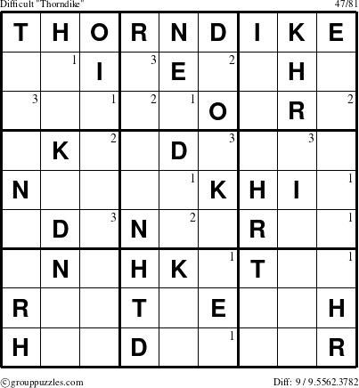 The grouppuzzles.com Difficult Thorndike puzzle for  with the first 3 steps marked