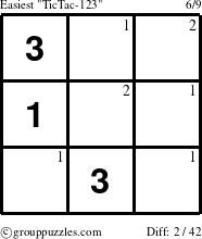 The grouppuzzles.com Easiest TicTac-123 puzzle for  with the first 2 steps marked
