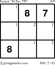 The grouppuzzles.com Easiest TicTac-789 puzzle for  with the first 2 steps marked