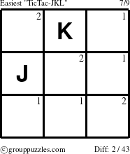 The grouppuzzles.com Easiest TicTac-JKL puzzle for  with the first 2 steps marked