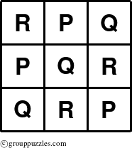 The grouppuzzles.com Answer grid for the TicTac-PQR puzzle for 