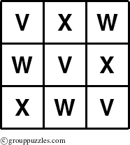 The grouppuzzles.com Answer grid for the TicTac-VWX puzzle for 