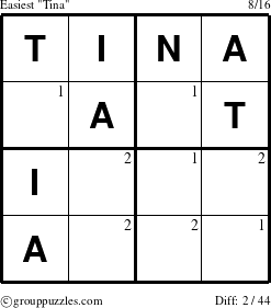 The grouppuzzles.com Easiest Tina puzzle for  with the first 2 steps marked