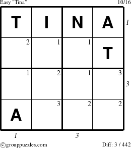 The grouppuzzles.com Easy Tina puzzle for  with all 3 steps marked