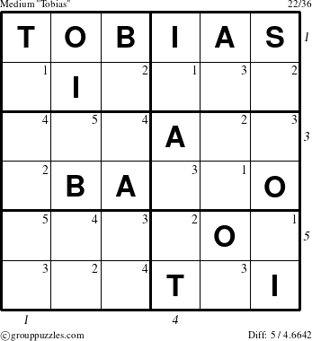 The grouppuzzles.com Medium Tobias puzzle for  with all 5 steps marked