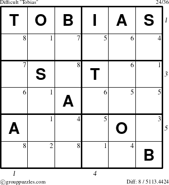 The grouppuzzles.com Difficult Tobias puzzle for  with all 8 steps marked