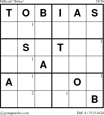 The grouppuzzles.com Difficult Tobias puzzle for  with the first 3 steps marked