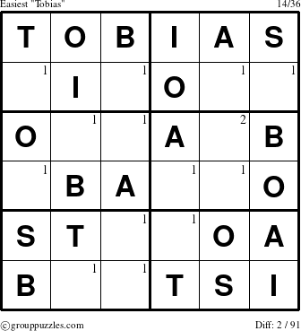 The grouppuzzles.com Easiest Tobias puzzle for  with the first 2 steps marked