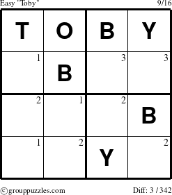 The grouppuzzles.com Easy Toby puzzle for  with the first 3 steps marked