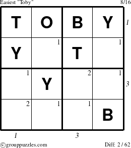 The grouppuzzles.com Easiest Toby puzzle for  with all 2 steps marked