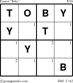 The grouppuzzles.com Easiest Toby puzzle for  with the first 2 steps marked