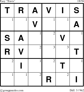 The grouppuzzles.com Easy Travis puzzle for  with the first 3 steps marked