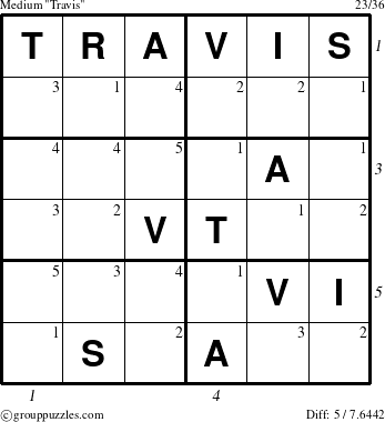 The grouppuzzles.com Medium Travis puzzle for  with all 5 steps marked