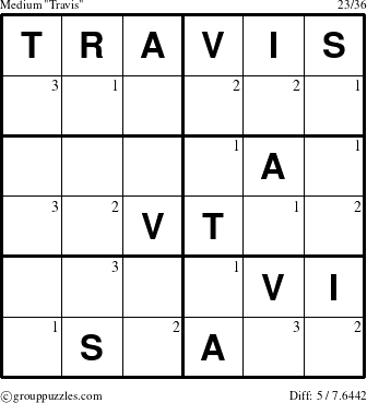 The grouppuzzles.com Medium Travis puzzle for  with the first 3 steps marked