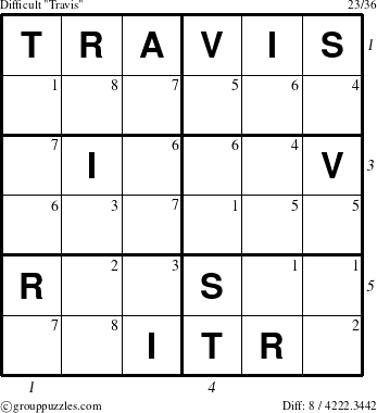 The grouppuzzles.com Difficult Travis puzzle for  with all 8 steps marked