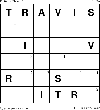 The grouppuzzles.com Difficult Travis puzzle for  with the first 3 steps marked