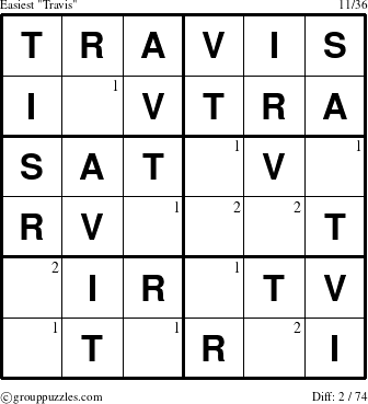 The grouppuzzles.com Easiest Travis puzzle for  with the first 2 steps marked