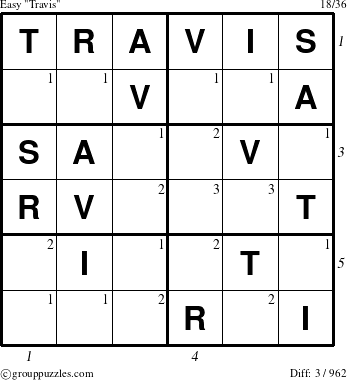 The grouppuzzles.com Easy Travis puzzle for  with all 3 steps marked