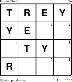 The grouppuzzles.com Easiest Trey puzzle for  with the first 2 steps marked