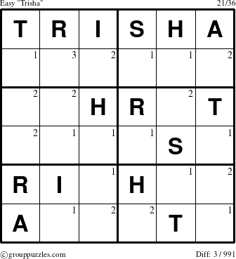 The grouppuzzles.com Easy Trisha puzzle for  with the first 3 steps marked