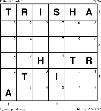 The grouppuzzles.com Difficult Trisha puzzle for  with all 8 steps marked